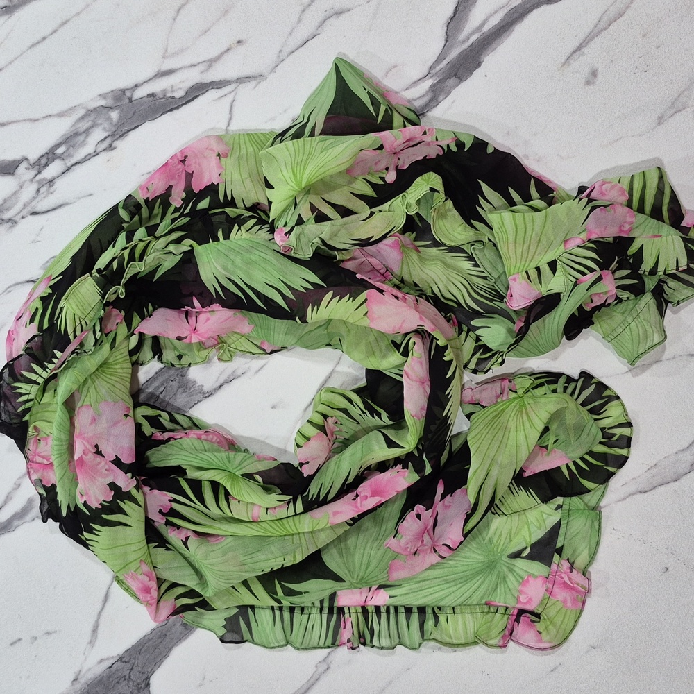 Kay Unger Silk Scarf/Wrap, Tropical Pink and Green Floral 16x88"